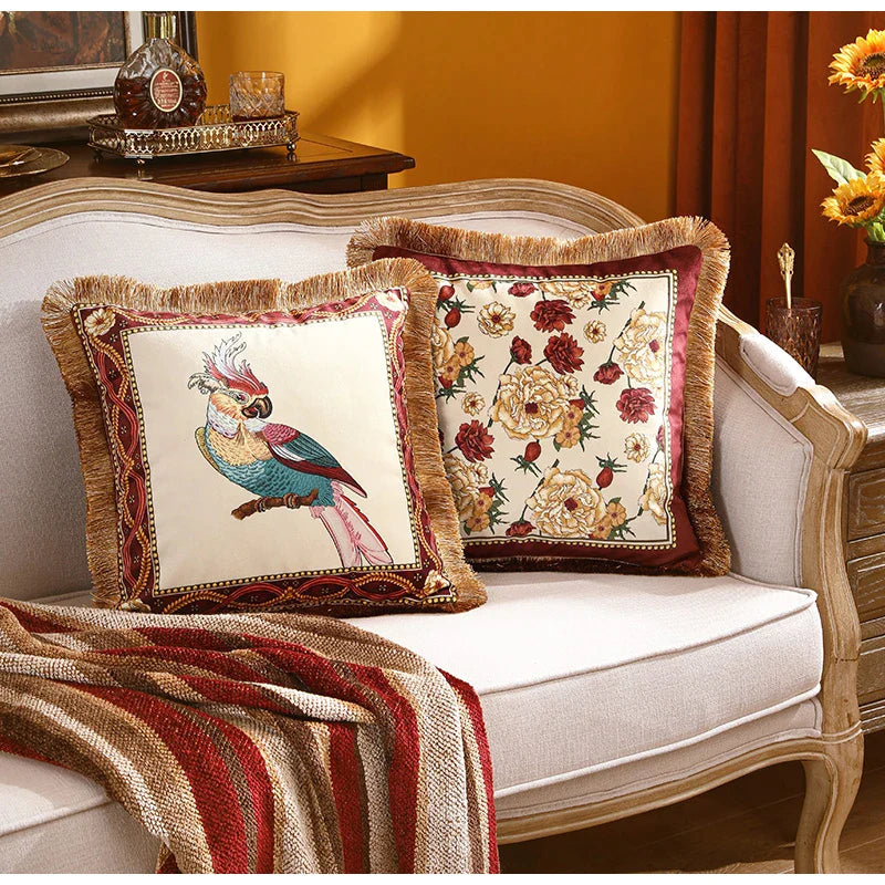 Afralia™ Parrot Print Velvet Textured Fringed Cushion Covers for Living Room