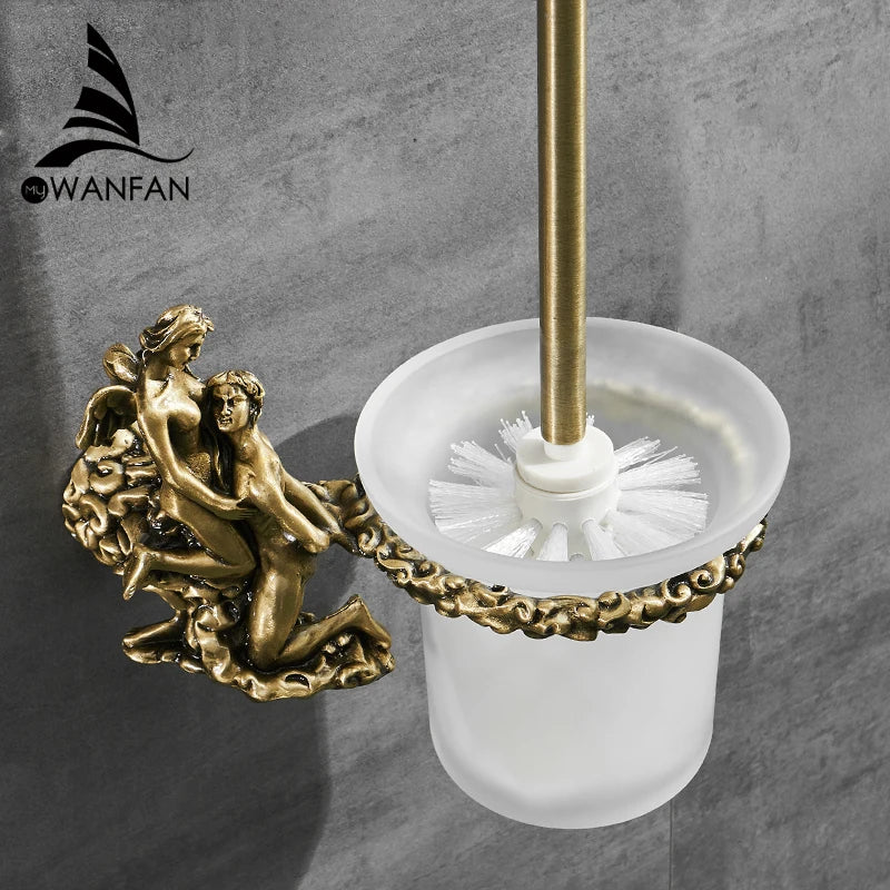 Afralia™ Gold/Silver Romantic Toilet Brush Holder Set with Glass Cup & Brass Handle
