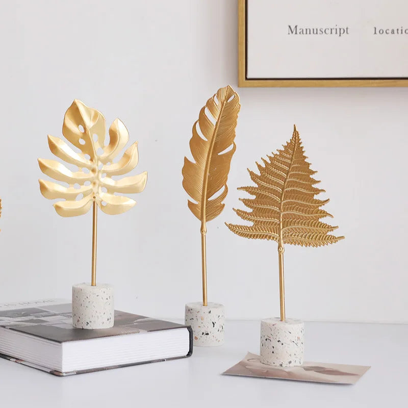 Afralia™ Gold Leaf Decorations on Marble Base - Creative Metal Crafts for Home Decor