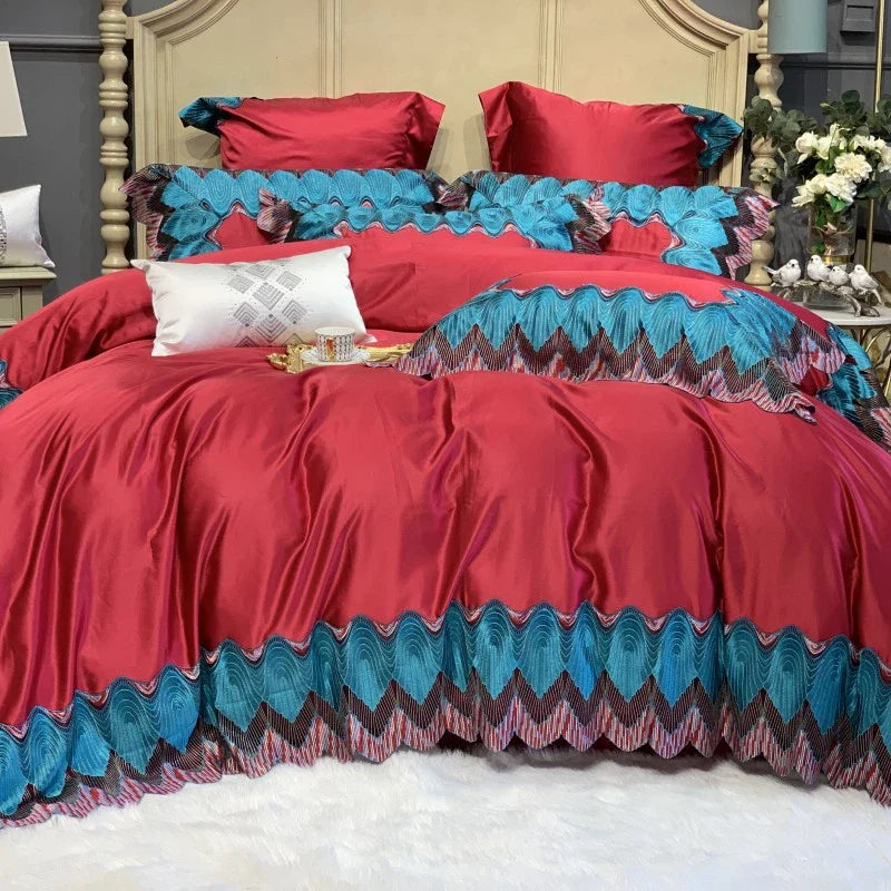 Afralia™ Red 1000TC Egyptian Cotton Lace Bedding Set - Duvet Cover & Pillowcases