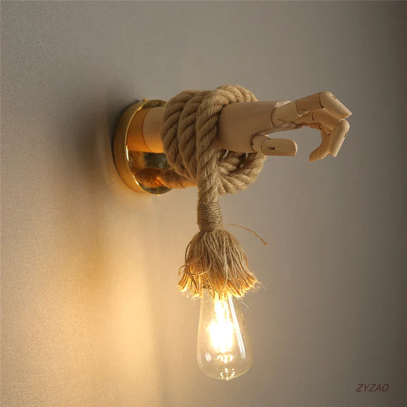 Afralia™ Hand Shape Wall Light Industrial Loft Hemp Rope E27 Wall Lamp