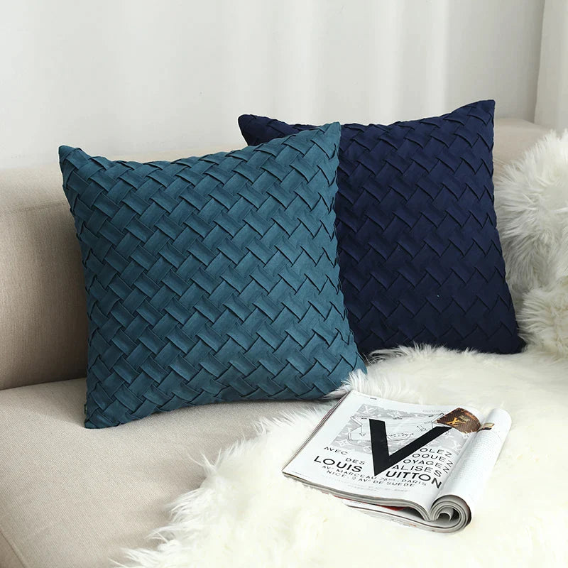 Afralia™ Soft Faux Suede Navy Pillow Cover with Woven Green Pattern