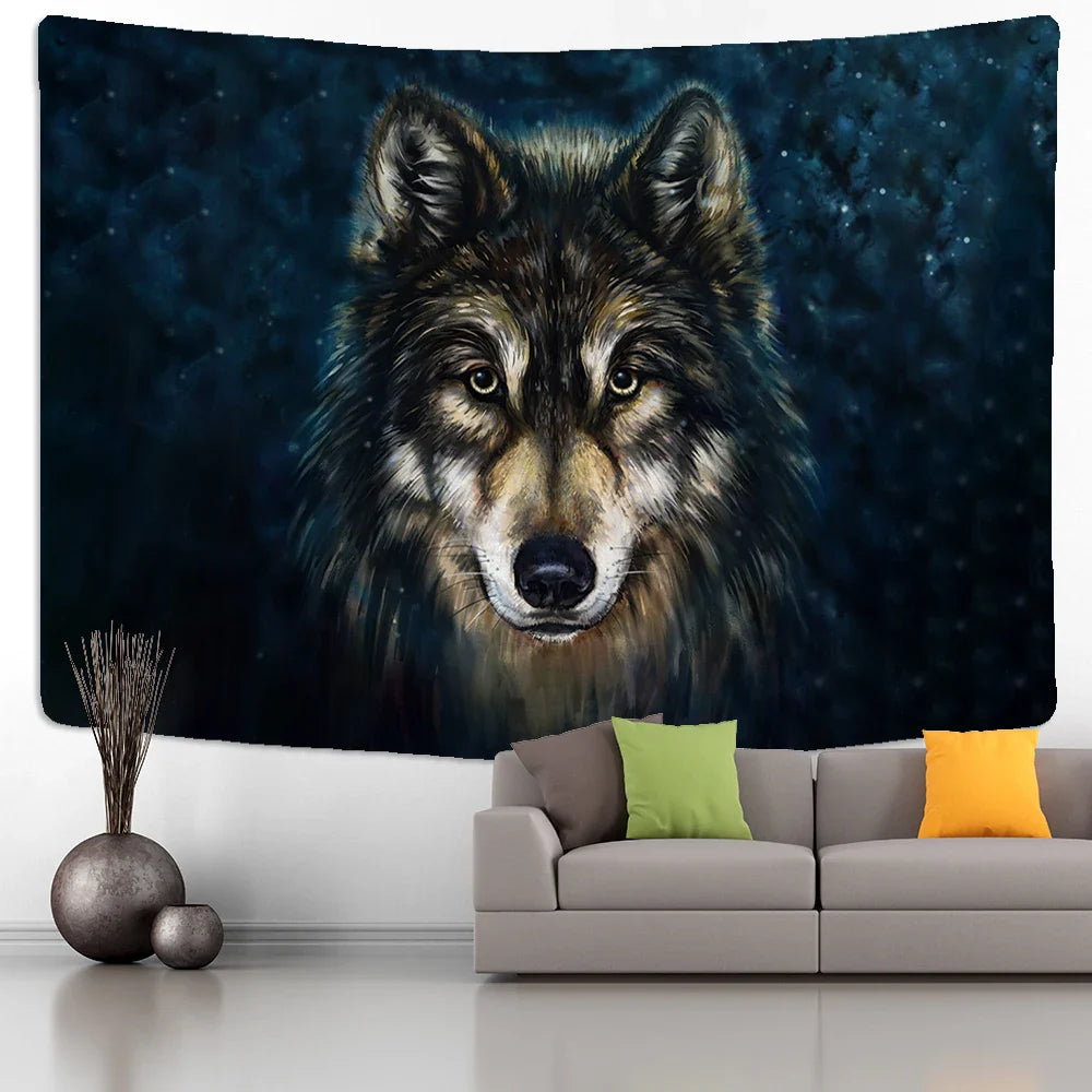 Afralia™ Wolf's Gaze Tribal Animals Tapestry Wall Hanging for Home Decor