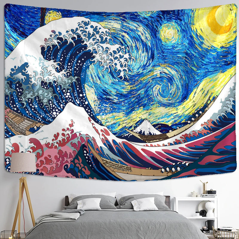 Afralia™ Kanagawa Waves Oil Painting Tapestry Wall Hanging, Bohemian Style Psychedelic Hippie Art