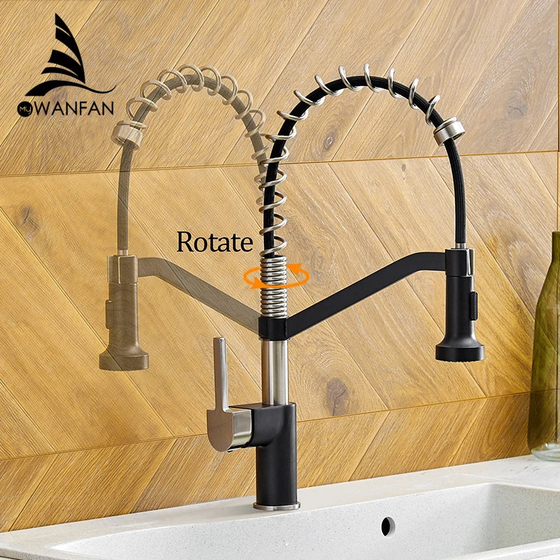 Afralia™ Modern Black & Brass Kitchen Faucet Pull Out Swivel Spout Mixer Tap 9013RSN