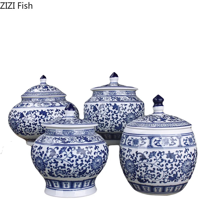 Afralia™ Blue White Porcelain Storage Tank for Living Room Decor & Small Objects.