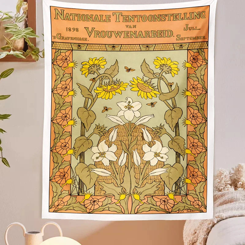 Afralia™ Vintage Flower Bee Print Botanical Tapestry Wall Hanging Reference Chart Art