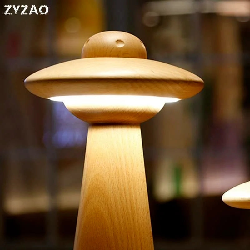 Afralia™ Kids UFO Wood LED Table Lamp: Modern, Dimmable, Cartoon Design, Ideal for Children's Bedroom