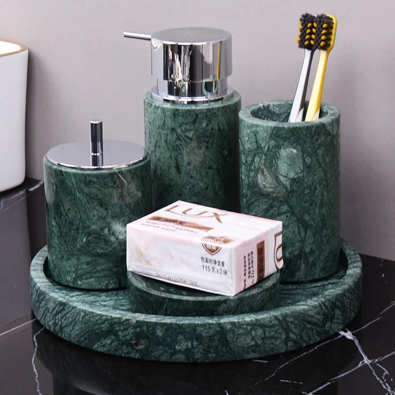 Afralia™ Dark Green Marble Bathroom Set - Nordic Light Luxury Tray Toothbrush Holder Soap Dispenser Kit