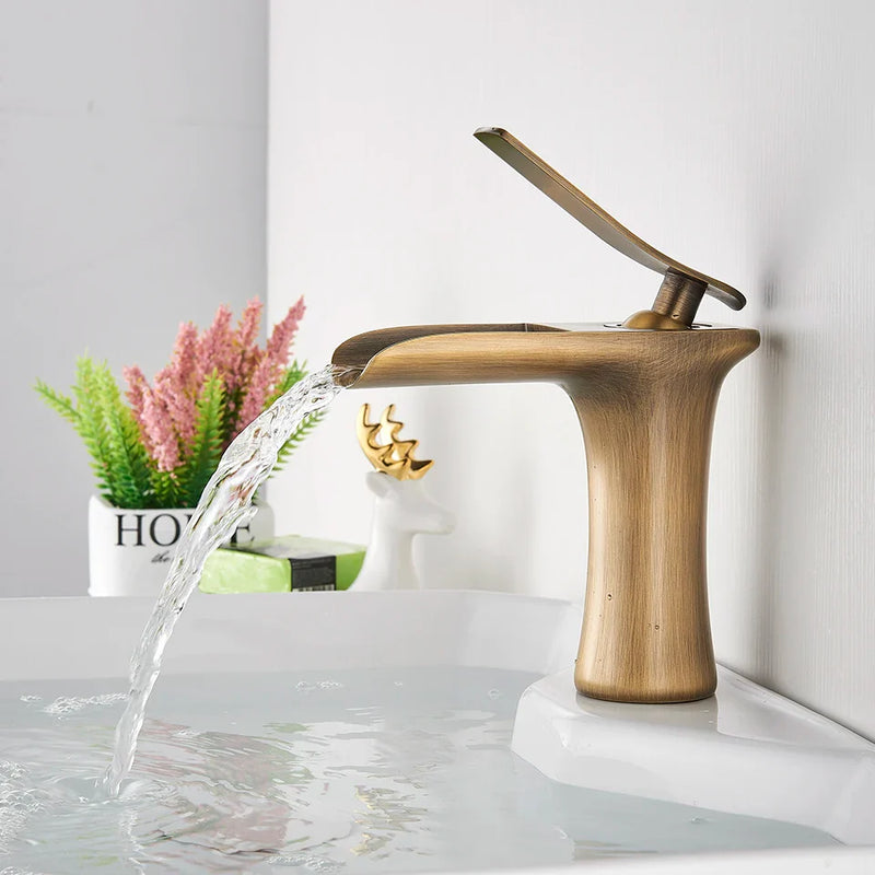 Afralia™ Waterfall Brass Bathroom Faucet Single Handle Basin Mixer Tap Silver Taps