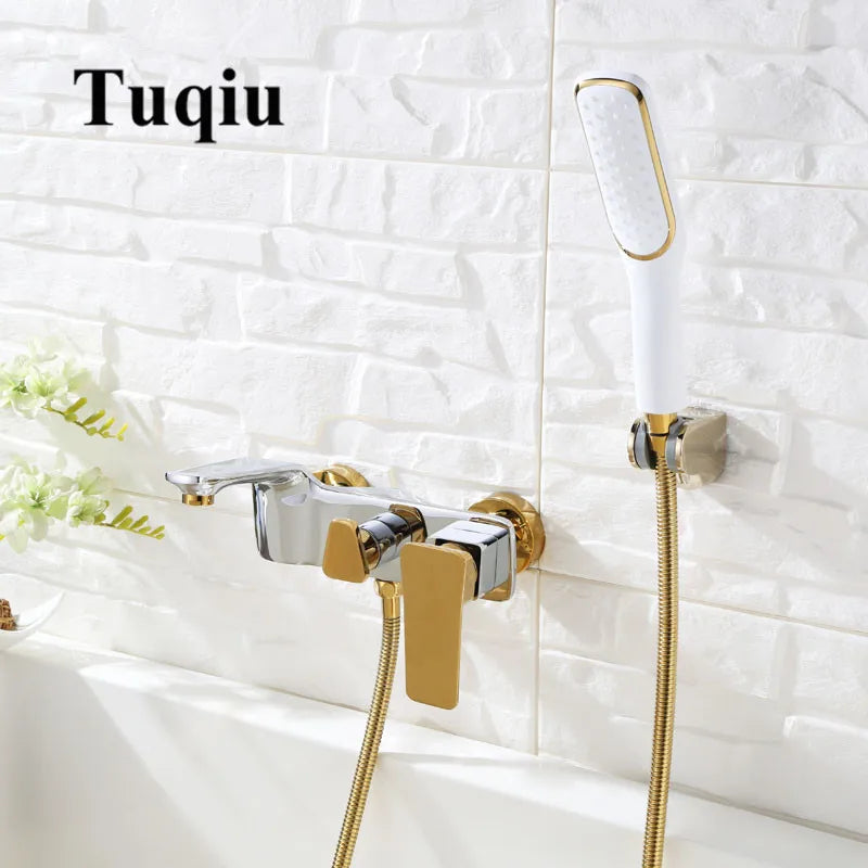 Afralia™ Gold & White Wall Mounted Bathtub Faucet, Brass Bath Shower Mixer