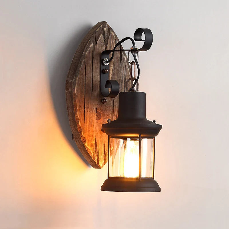 Afralia™ Vintage Wood Glass Wall Light for Restaurant Cafe Bar Bedroom Home