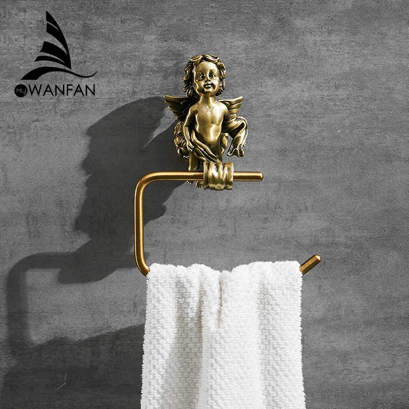 Afralia™ Gold Brass Angel Towel Ring Wall Rack for Bathroom - MB-0786B
