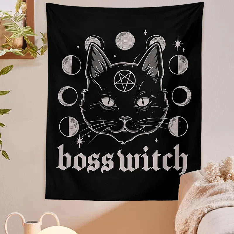 Afralia™ Cat Witchcraft Black Tapestry Wall Hanging Baphomet Occult Home Decor