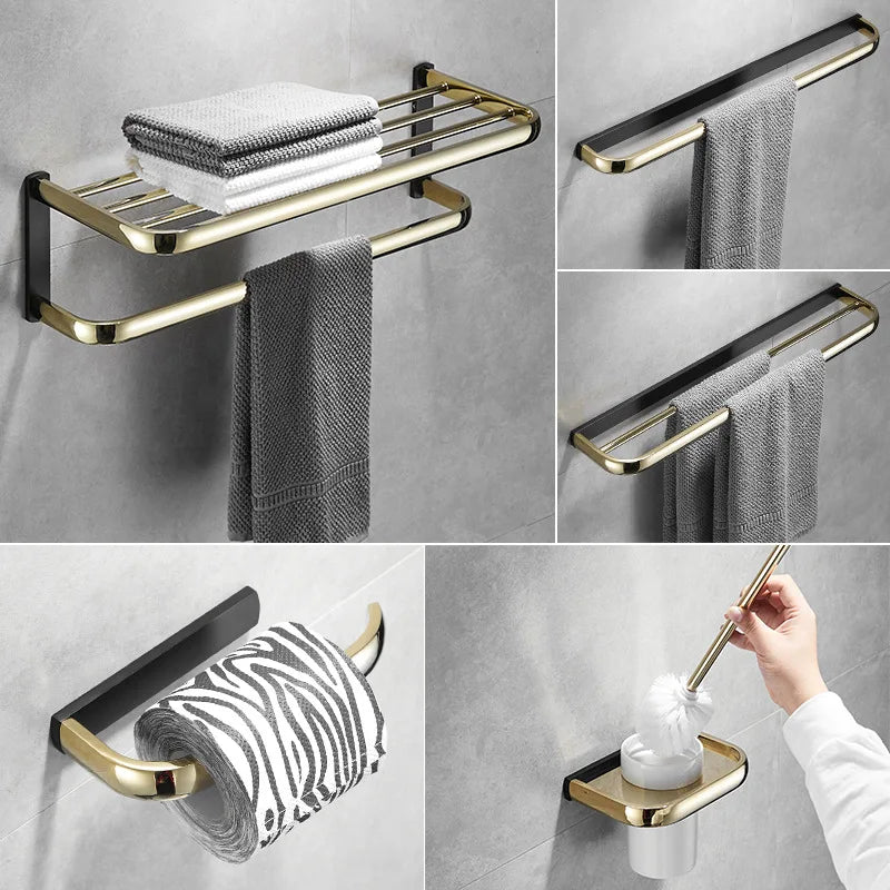 Afralia™ Gold & Black Bathroom Hardware Set: Shelf, Towel Rack, Paper Holder, Brush Holder