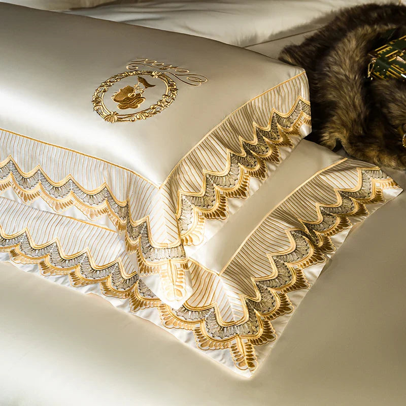 Luxury Brocade & Egyptian Cotton Embroidery Bedding Set by Afralia™ - Queen/King Size
