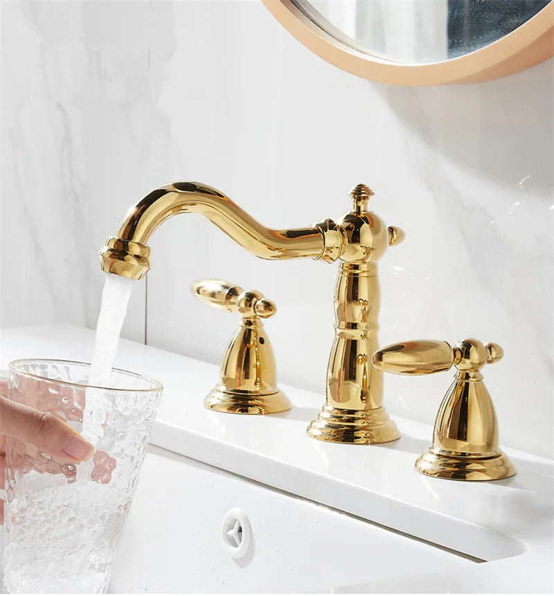 Afralia™ Gold Brass Widespread Bathroom Faucet - Antique Sink Faucets 3 Hole