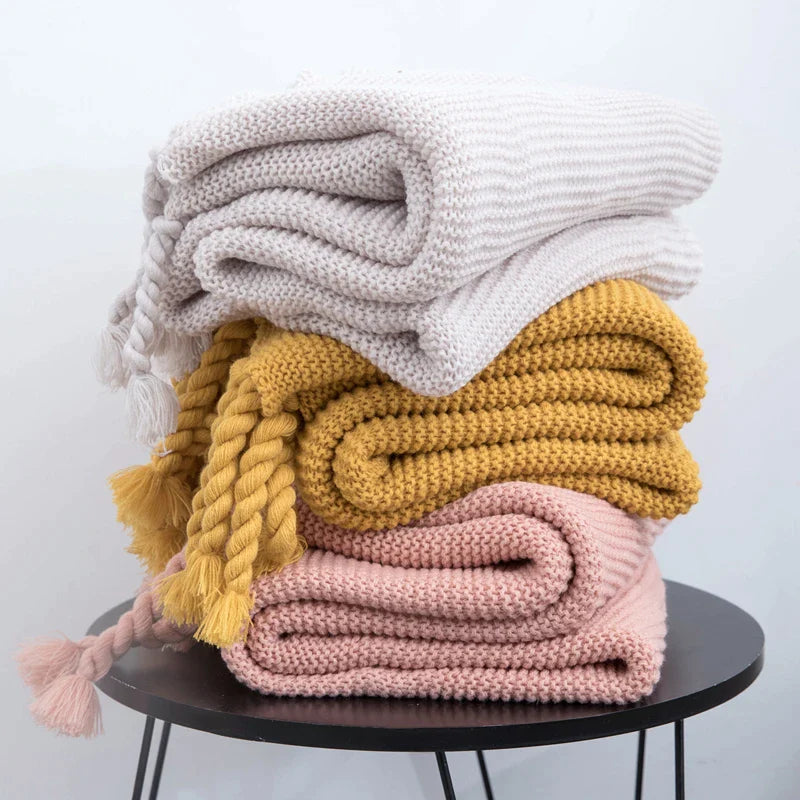 Afralia™ Knit Throw Blanket Ivory Pink Solid Soft Plaid Tassels 50"x62"