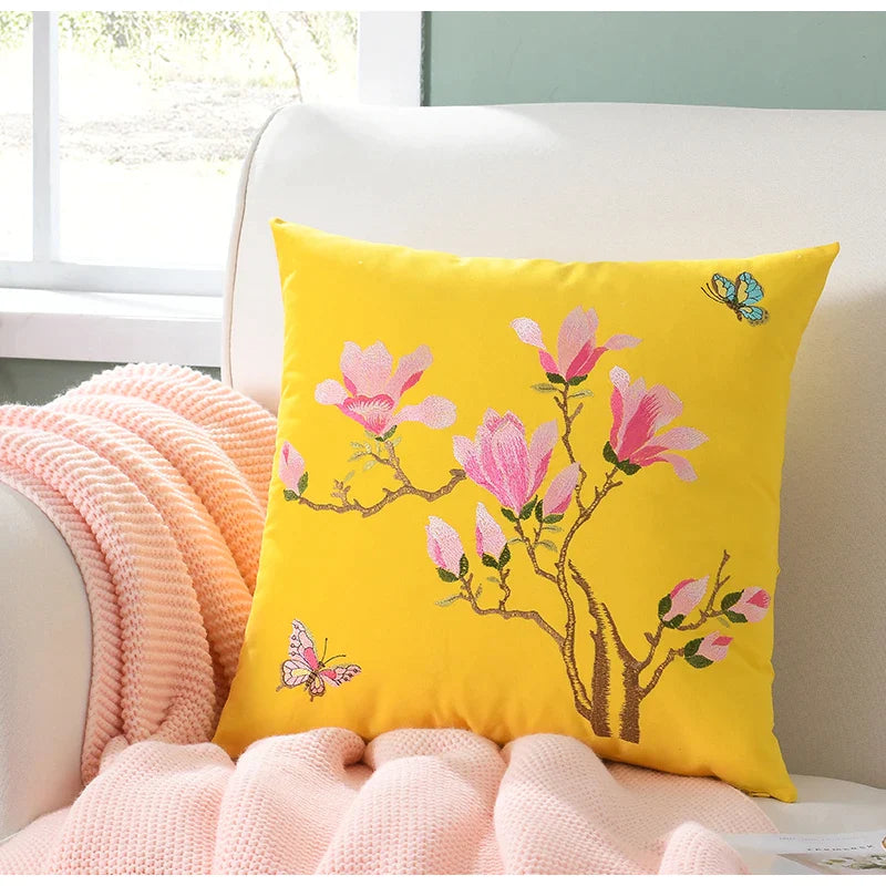 Afralia™ Magnolia Floral Butterfly Embroidered Cushion Cover - Rustic Cozy Home Decor