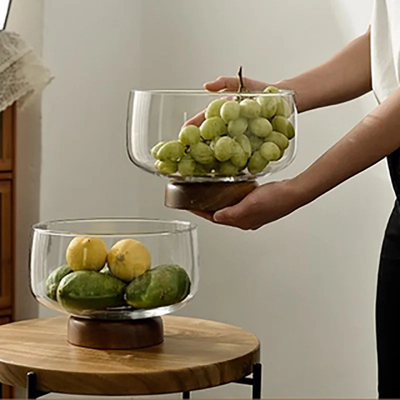 Afralia™ European Glass Fruit Tray with Wooden Base | Elegant Salad Bowl for Home Décor