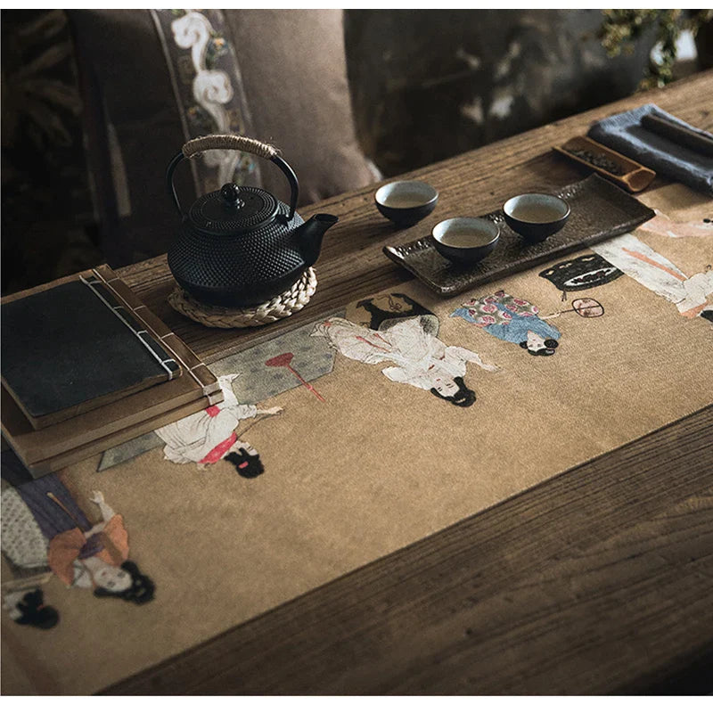 Afralia™ Chinese Painting Women Print Table Runner Handmade Traditional Chic Decor