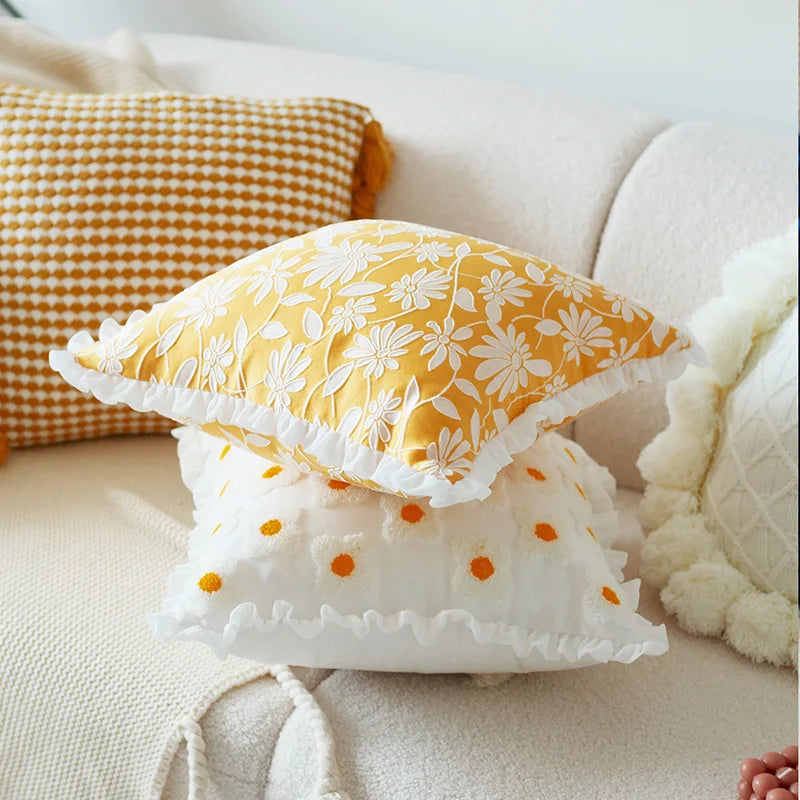 Floral Embroidery Yellow White Fringed Pillow Cover 45x45cm/30x50cm Afralia™ for Living Room Bed