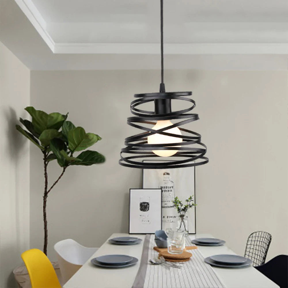 Afralia™ Swirl Spiral Pendant Light Black Iron Retro Loft Industrial Metal Cage Hanging Lamp