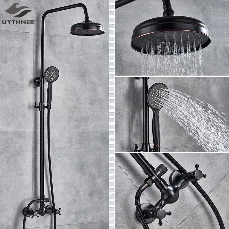 Afralia™ Black Bronze Shower Faucet Set with 8" Rain Shower Head & Hand Shower