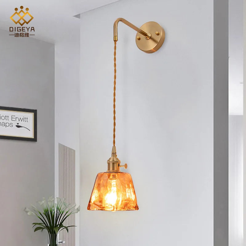 Afralia™ Amber Glass Wall Lamp Switch, Modern Copper LED Light for Home, Bedroom, Living Room