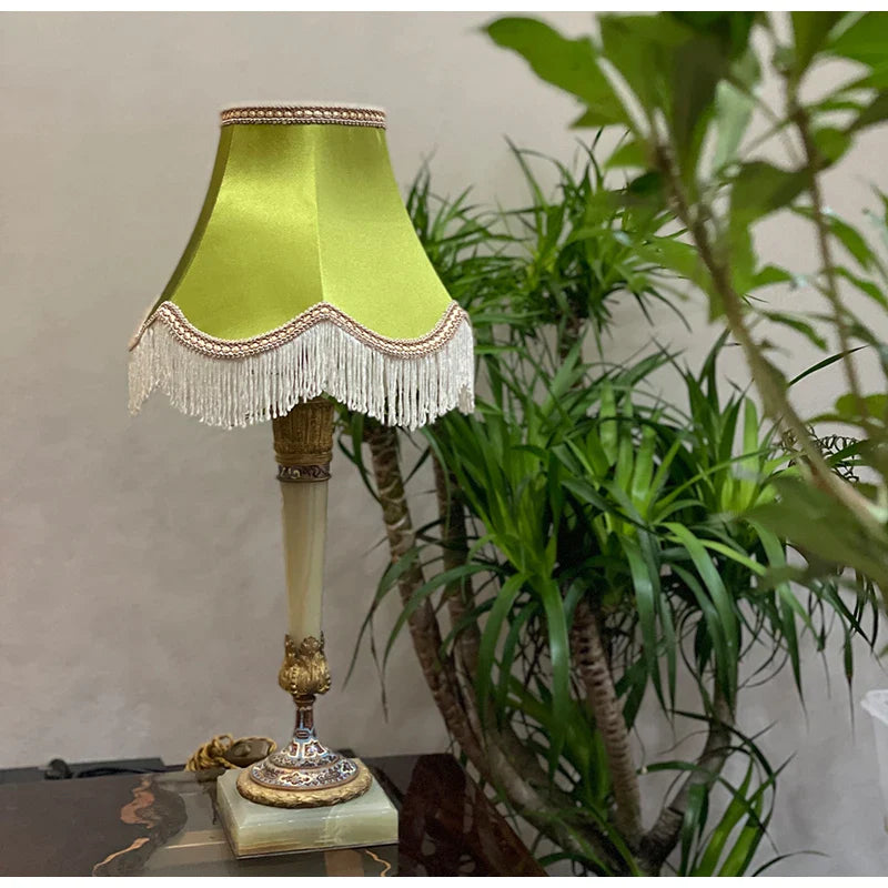 Afralia™ Silk Satin Lampshade in Apple Grass Green with Fringe Trim