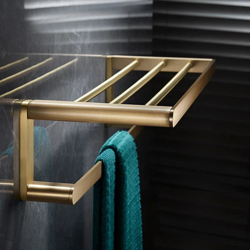 Afralia™ Brass Bath Hardware Set: Shelf, Towel Rack, Paper & Toilet Brush Holder in Brushed Gold
