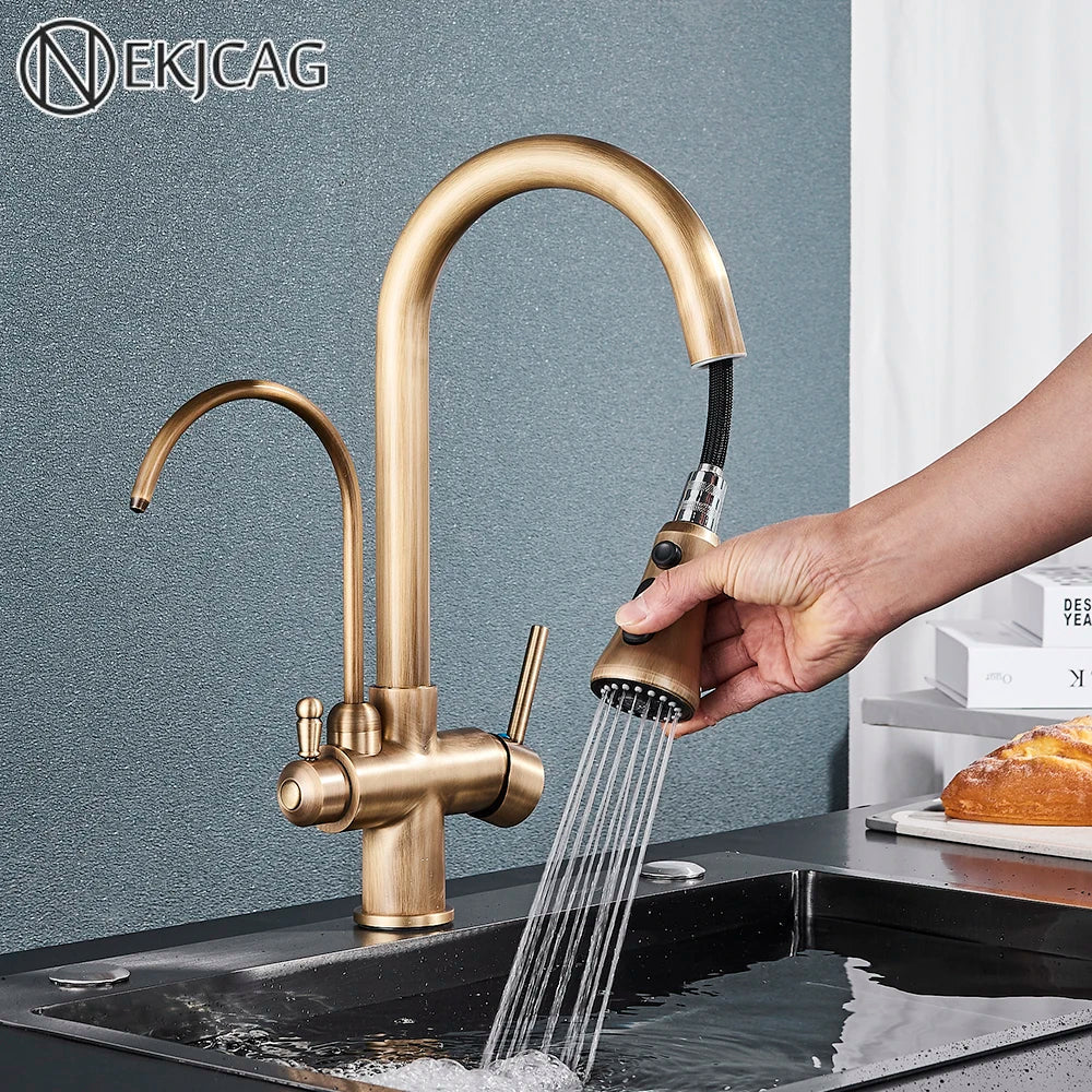 Afralia™ Brass Filter Kitchen Faucet with Rotatable Spout and Dual Handles