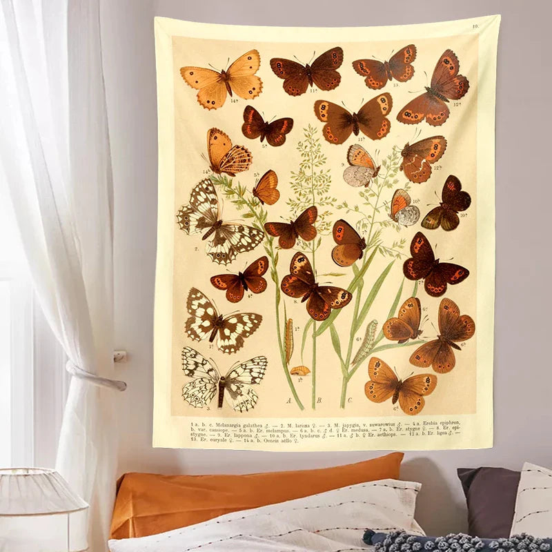 Afralia™ Butterfly Botanical Tapestry Wall Hanging Vintage Aesthetic Room Decor Mural Tapiz