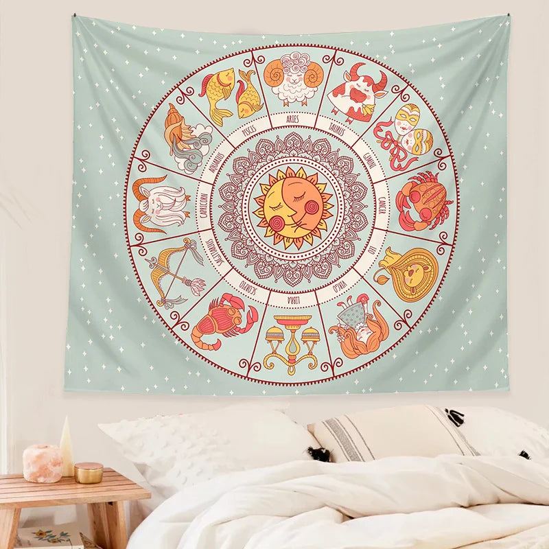 Afralia™ Zodiac Constellation Sun Moon Tarot Tapestry Wall Hanging