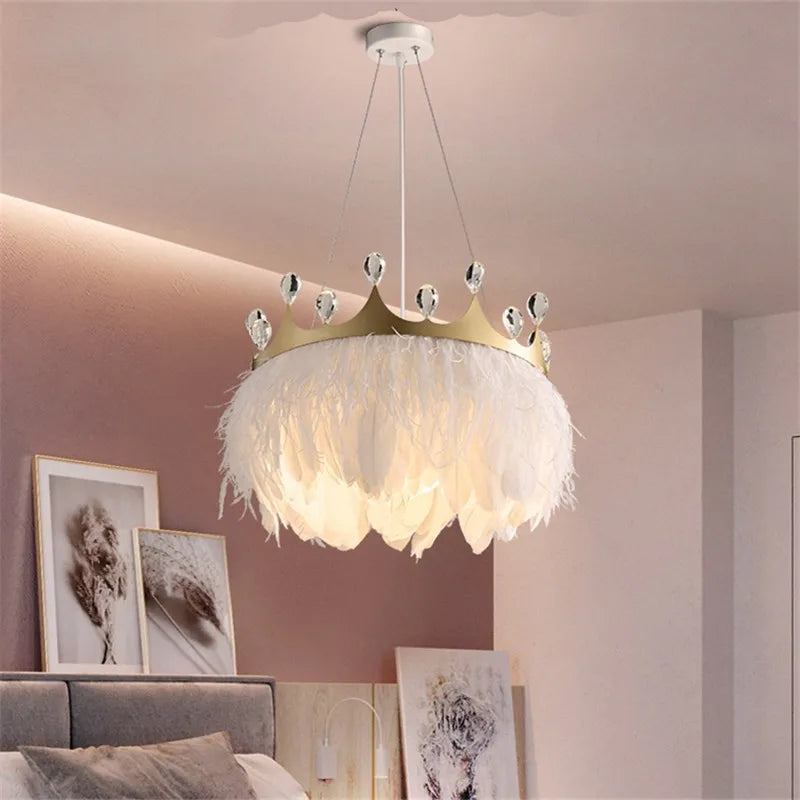 Afralia™ White Feather Pendant Light with Gold Crown & Crystal Decor for Bedroom, E27 Socket