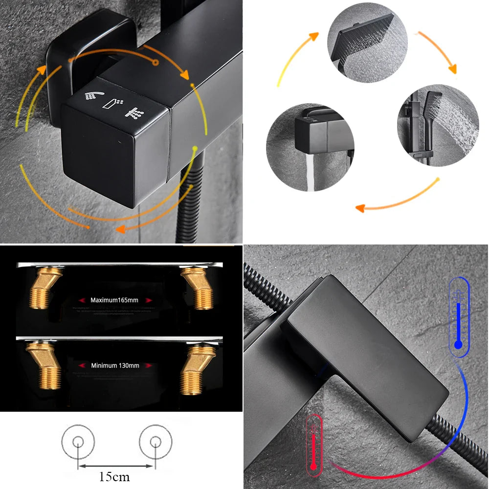 Afralia™ Matte Black Shower Faucet Set with Rotating Watering Can and Handshower
