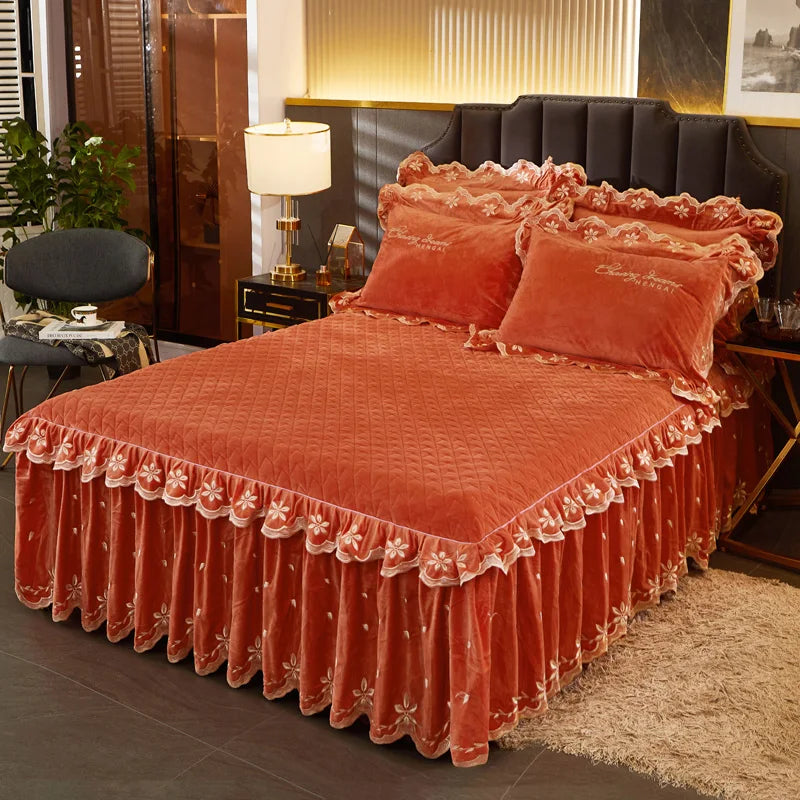 Afralia™ Velvet Bedding Set with Gold Embroidery & Ruffles