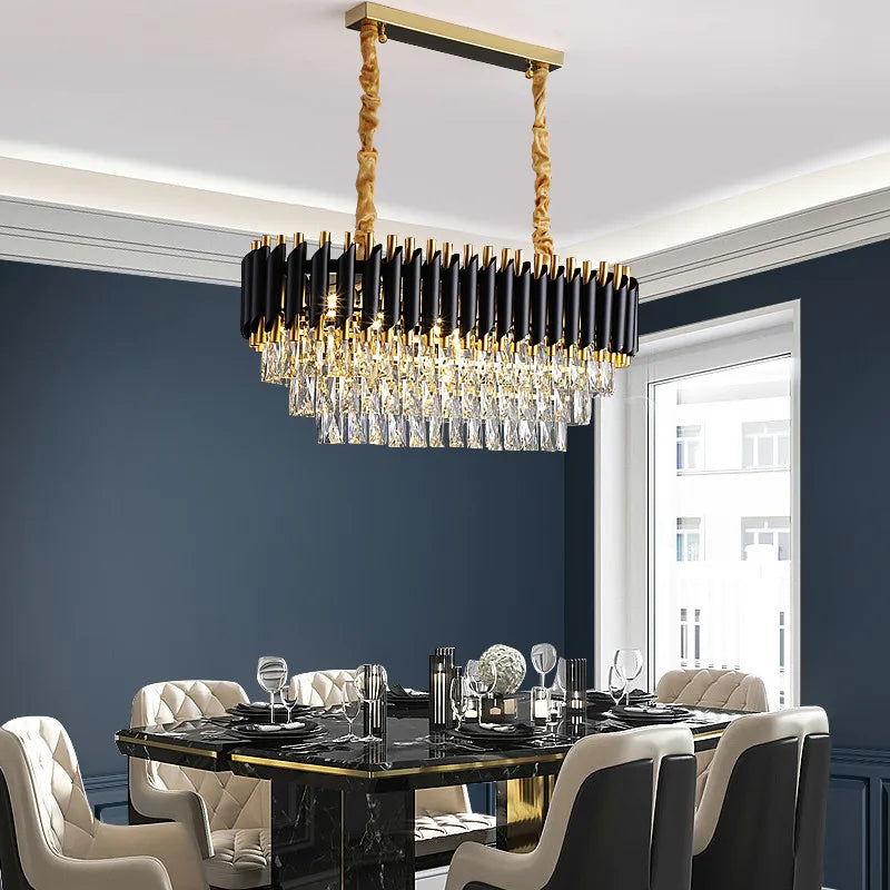 Afralia™ Black Gold Metal LED Chandelier Living Room Dining Modern Lustre Crystal Hanging Lamp