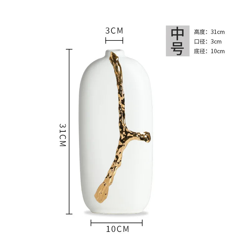 Afralia™ White Ceramic Vase with Golden Branches Flower Arrangement for Modern Home Decor