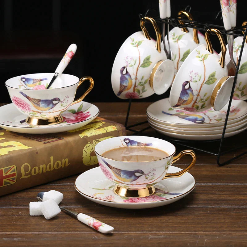 Afralia™ Pastoral Bird Bone China Tea Cup Set 200ml British Cafe Porcelain Coffee Cup