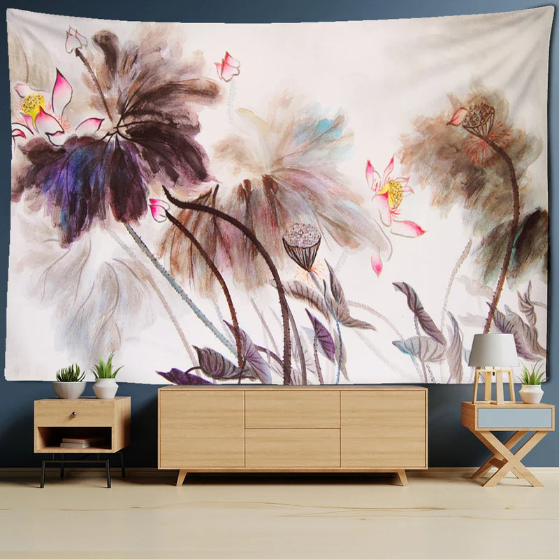 Afralia™ Flower Bird Chinese Painting Tapestry Wall Hanging Bohemian Style Home Decor