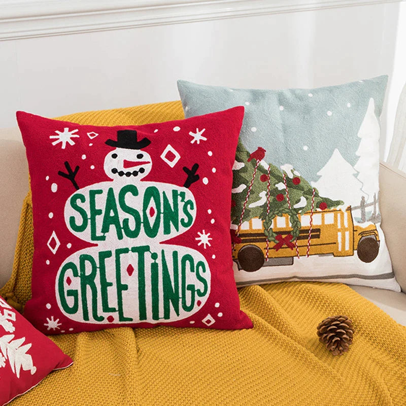 Afralia™ Christmas Embroidered Cushion Cover 45x45cm - Red Green Santa Snowflake Deer Snowman