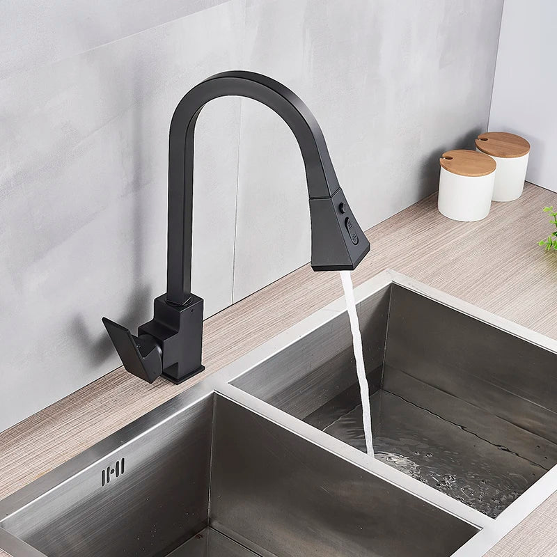 Afralia™ Black Kitchen Faucet Pull Out Mixer Square Single Handle Deck Mounted Tap