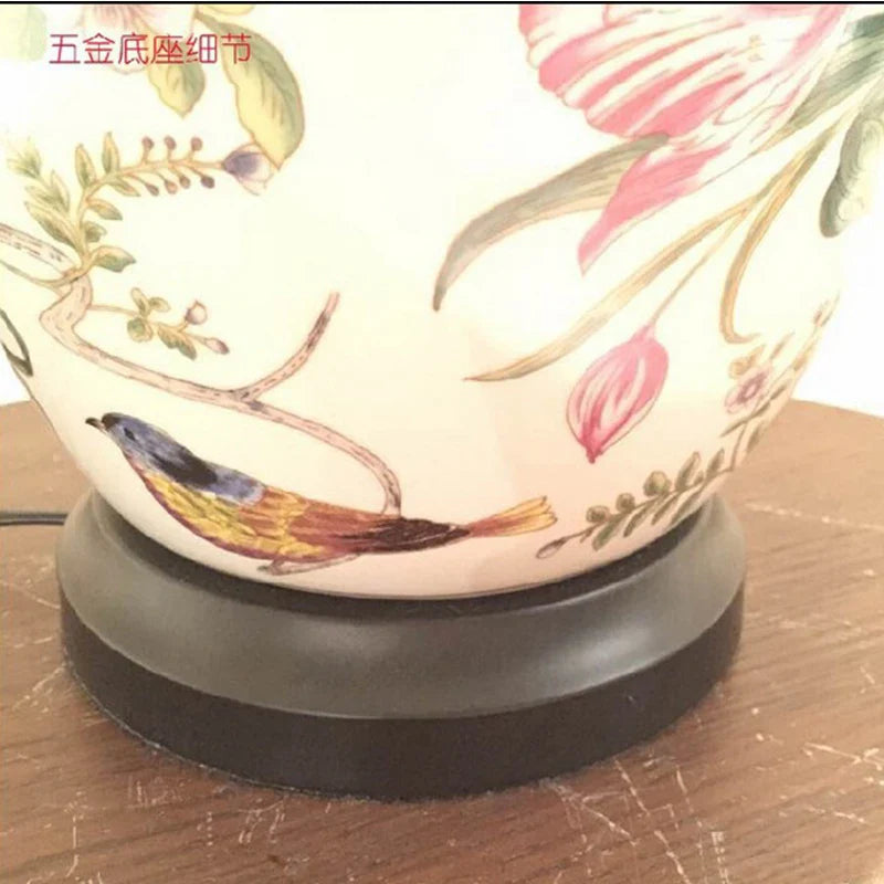 Afralia™ Coral Flower Bird Ceramic Table Lamp Hand-Painted Crack Glaze Living Room Table Lamp