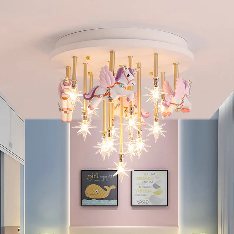 Afralia™ Kids Resin Horse Paper Crane Ceiling Light - Blue Pink LED Bedroom Lamp