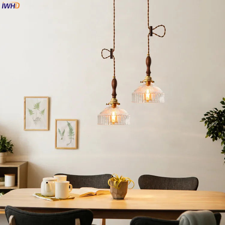 Afralia™ Nordic Wooden Glass Pendant Lights | Bedroom Living Room Copper Vintage Lamp