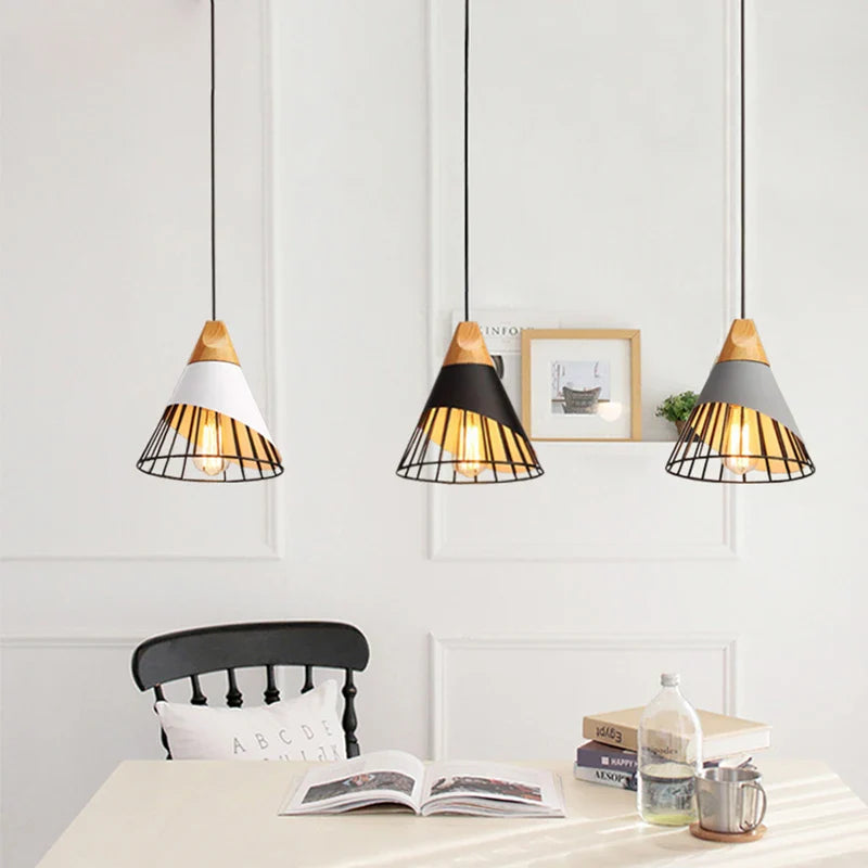 Afralia™ Industrial Loft Wood Pendant Light, Nordic Iron Hanging Lamp for Kitchen, Bedroom, Dining Room