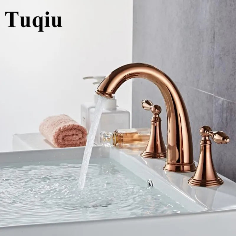Afralia™ Rose Gold Basin Faucet Luxury Brass Widespread Mixer Hot Cold Tap