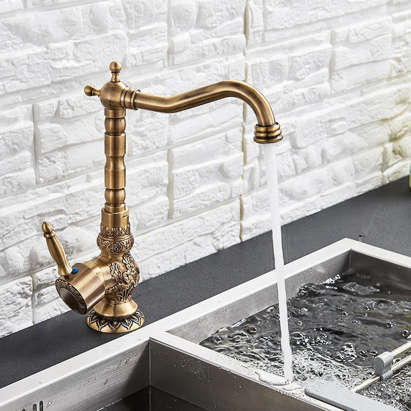 Afralia™ Antique Brass Basin Faucet Long Spout Flower Carved Sink Tap 360 Rotation