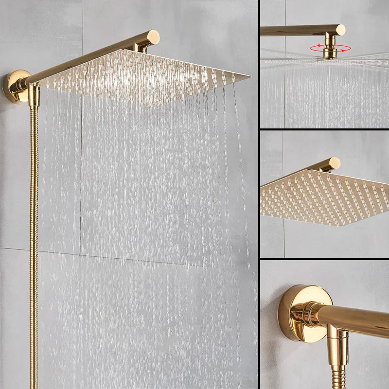 Afralia™ Stainless Steel Shower Head Set with Arm, Hose, Wall Mount - Gold/Black/Chrome - 8"/10"/12"